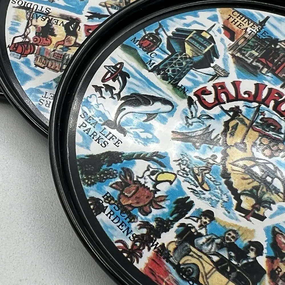 Set 8 California Souvenir Drink Coasters Black Metal MCM Magic Mountain Map 3